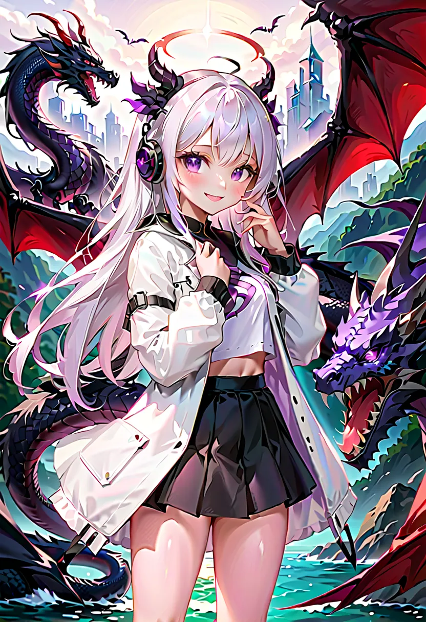 best quality、1 female、 black dragon horn、black dragon tail 、 black dragon wings 、purple eyes、white hair、long hair、standing、white...