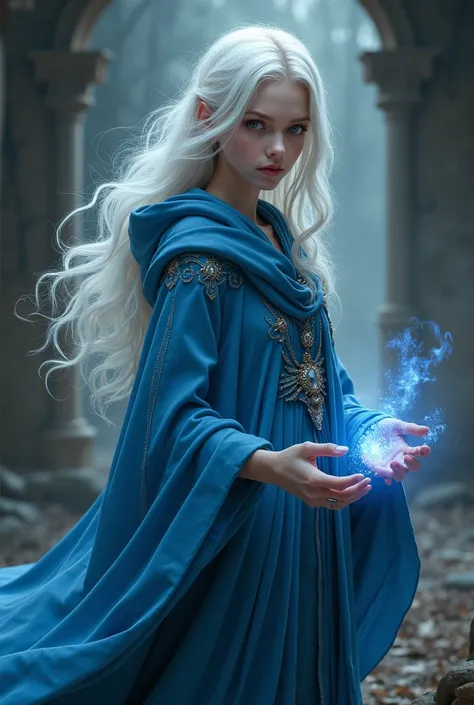 realistic White-haired young female sorceress in a blue robe