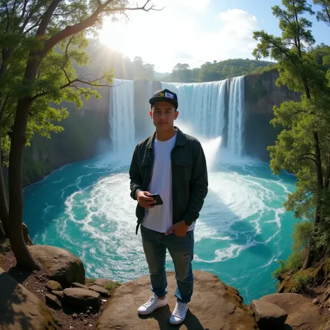 a handsome Indonesian teenager, wearing a Snapback, t-shirt, jacket, white sneakers, standing on a rock while looking ahead, holding a cell phone, to the left you can see green trees, to the right are trees, behind you can see a very beautiful blue water w...