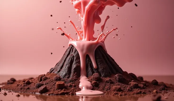   The volcano with milka on it will explode chocolate, An air chocolate and pink volcano