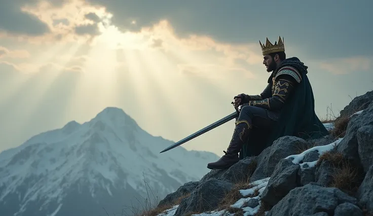 make a movie like image of a medieval king sitting on the mountain hill stone looking at me and he have sword on his hand and for the detail he have gold and white diamond crown and wearing ripped war suit and for the image put him on the left bottom of th...