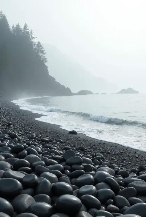 a beach, Full of stones , blue water,  a light mist covers the water and the rocks , em tons de branco e preto 