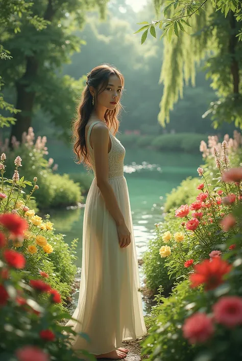 A beautiful  garden in there a beautiful girl 