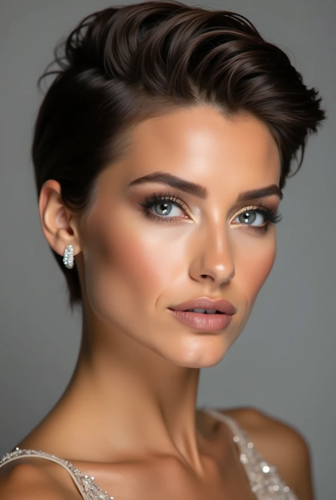 A stunning woman with short blonde, trendy hair, showcasing a modern and chic hairstyle. Her face is beautifully made up, with glowing highlighter accentuating her cheekbones, and full, luscious lips. She wears an elegant evening gown that complements her ...