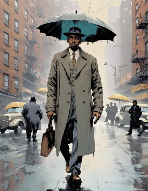 "once upon a time in america" themed illustration, new york ghetto, gangster with an umbrella walking under the rain, holding an...