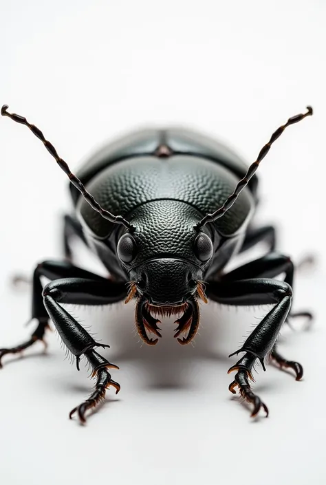 The front of a beetle on a white background.