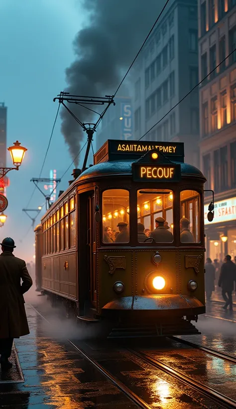 A dieselpunk tram gliding through a bustling, neon-lit urban quarter. Its exterior is crafted from riveted steel, with sharp, angular windows glowing faintly from within. Steam vents along its sides release puffs of white mist as it halts at a station crow...