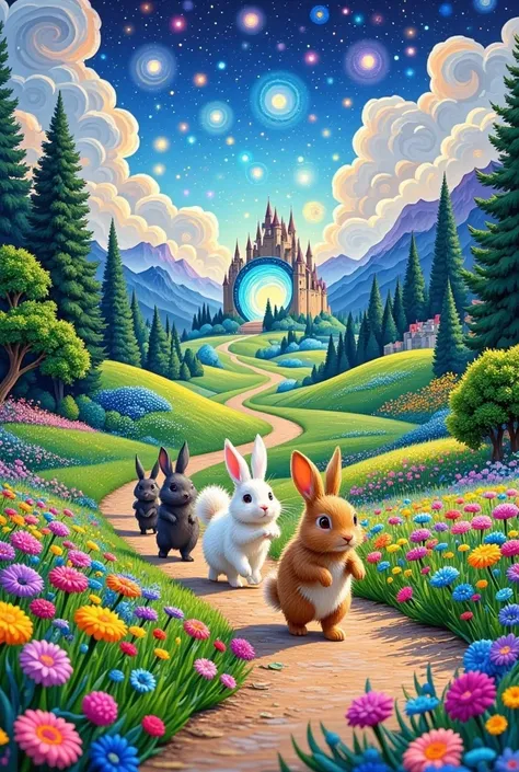 A picture of a few rabbits walking down the path, Forest with rabbits, Fairy tale painting, Wonderful fantasy landscape art ,  lovely detailed digital art , Wonderland Portal, magic world.  colorful ,  Magical Village , Magical Landscape, Fairytale artwork...