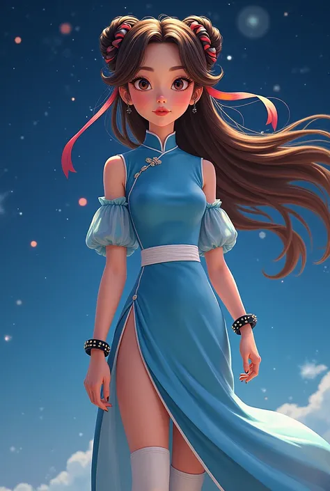 a woman with brown hair in space buns with silk brocades and ribbons in her hair wearing blue Qipao with side slits and puffed sleeves and a white sash around her waist, brown tights, black spiked bracelets and white high boots in disney style 