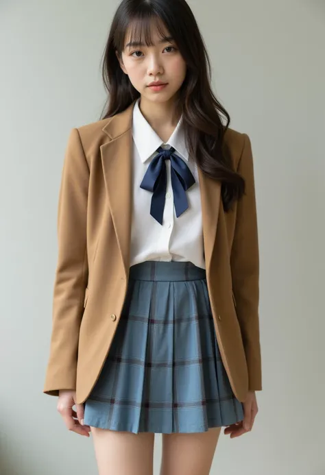 (realistic,photorealistic,photo-realistic 1.37),(2 views:1.4),(1 view is wearing uniform,another view is completely undressing nude),a beautiful young school girl,japanese idol,beautiful face and eyes,(camel brown blazer),blue ribbon,white blouse,(sky blue...