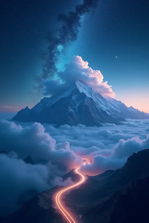 A large expanse of sky with stars shining through it. Below is a mountain filled with vast clouds and a road leading to it shining through the night sky