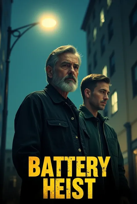 movie poster of a young man with short hair and his father with white beard without moustache stealing street light.  Movie title is "Battery Heist". Write title on poster