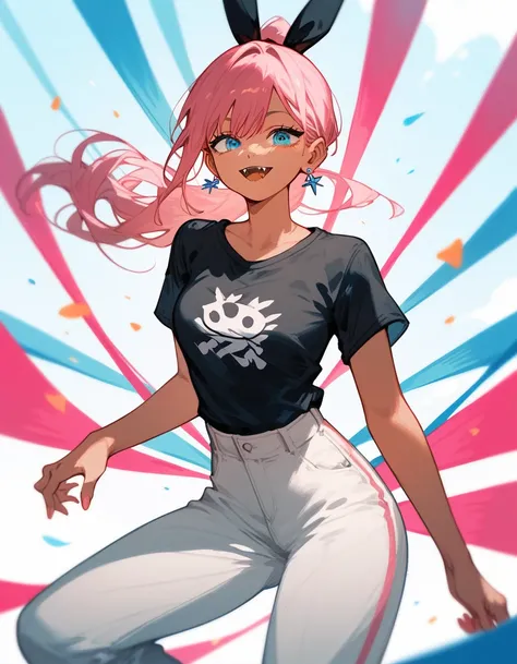  ,Tanned, small fangs , in blue eyes,Pink hair, Ponytail,BLACK T-SHIRT WITH FLOATING WAIST, Trousers, medium chest,Ear Piercing,cute, chainsaw art,