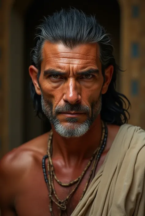 make a picture of a middle aged tan eqyptian guy from ancient egypt, who is looking into the camera. with his upper body in frame his upper body is also facing the camera