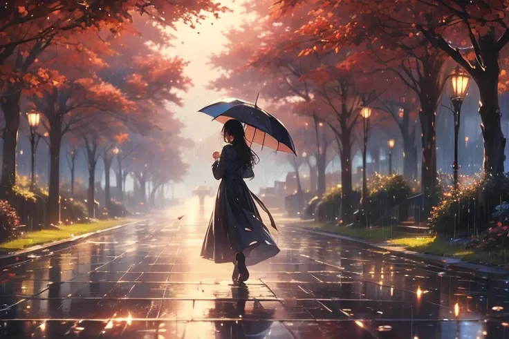  A young girl with delicate features walks through the rain. Her long, dark hair clings to her face and shoulders, glistening with raindrops. She wears a light, flowing dress that sways gently as she moves, wet from the rain but still elegant. Her large, e...