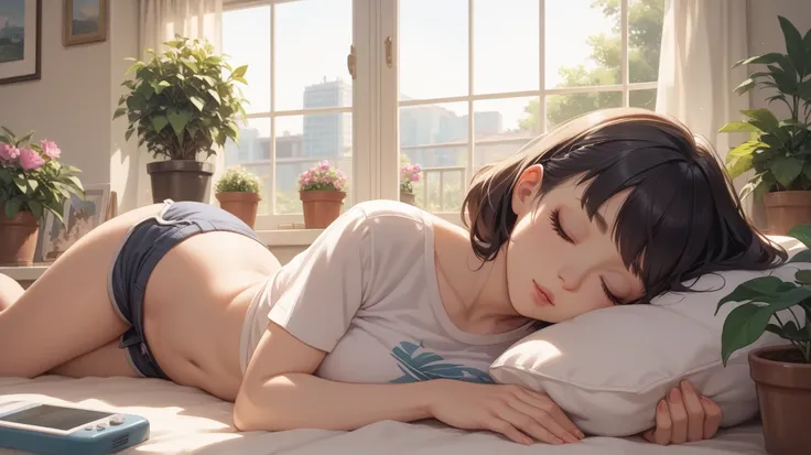 A girl is sleeping, eyes closed, lying face down, wearing a short shirt that reveals half of her chest and a pair of short pants, showcasing her attractive figure. She is lying next to a window with bright noon sunlight, and in the room, there is a flower ...