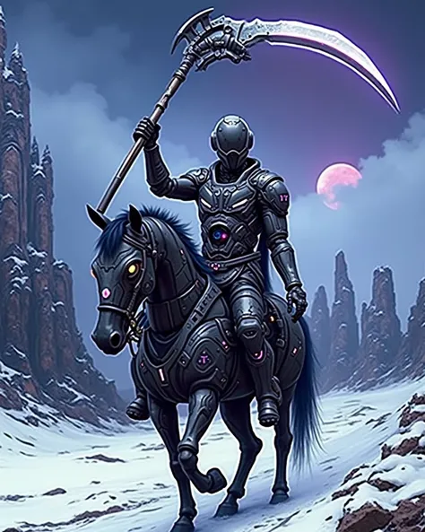 Transform this image into a robot. The original image shows a figure on a horse dressed in black, carrying a scythe, and in a snowy landscape with a full moon in the background. In the transformation, turn this figure on a horse into a robot with a futuris...