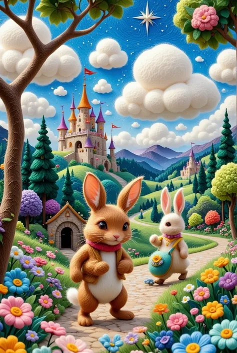 A picture of a few rabbits walking down a path , Forest with rabbits, Fairy tale painting, Wonderful fantasy landscape art ,  lovely detailed digital art , Wonderland Portal, magic world.  colorful ,  Magical Village , Magical Landscape, Fairytale artwork,...