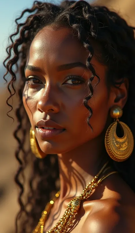 hyper realistic, ultra detailed photograph of a barbarian woman, look like Thandy Newton as African American,  golden jewelry, shiny, sunlight fractal details,   depth of field, HOF, hall of fame, detailed gorgeous face, apocalyptic environment, natural bo...