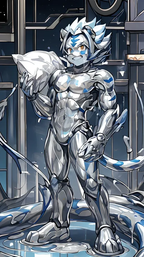 male, Synthesizer , metal silver slime body,  silver metallic sticky mucus , sticky skin ,sticky skin, , Android, Kogen Tower ( soft pillow quote )   white tiger,( Blue Glowing Stripes ， white tiger印花）(Tiger Blue Pattern )，（Tiger Tail）  Machine Tool Kogen ...