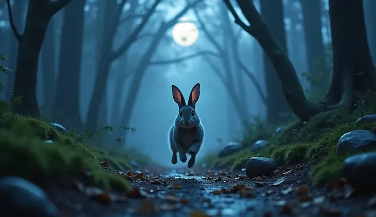 Generate a high quality, realistic seen in cinematic 3d style ,night images.   A small rabbit practicing running along a forest path, jumping over small rocks and fallen leaves.


