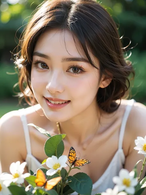  1 beautiful woman ,smile,bright,flower,butterfly, Nature,Golden brown hair,Big round eyes, long eyelashes,สีสันbright