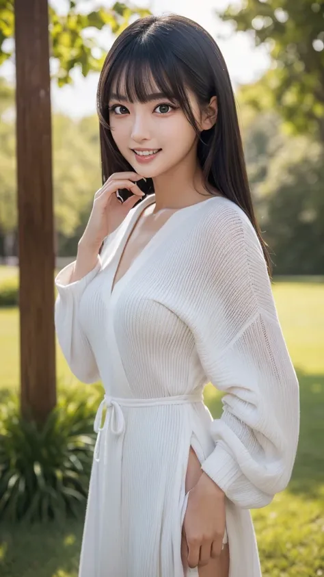 A  Japanese women,24 years old, in (rib knit long dress:1.2), heeled sandals, with a (small face:1.3), (round face:1.4), almond eye, (very drooping eyes:1.6), (The outer corners of the eyes droop more than the inner corners:1.6), detailed eyeball, pure whi...