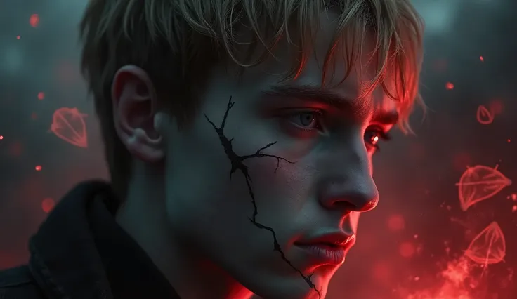 A dark and emotional close-up for the YouTube channel banner. In the center of attention is the sad face of a young blond man of 23 years old, partially immersed in shadow, with a single tear reflecting the crimson and black shades of a stormy, chaotic sky...