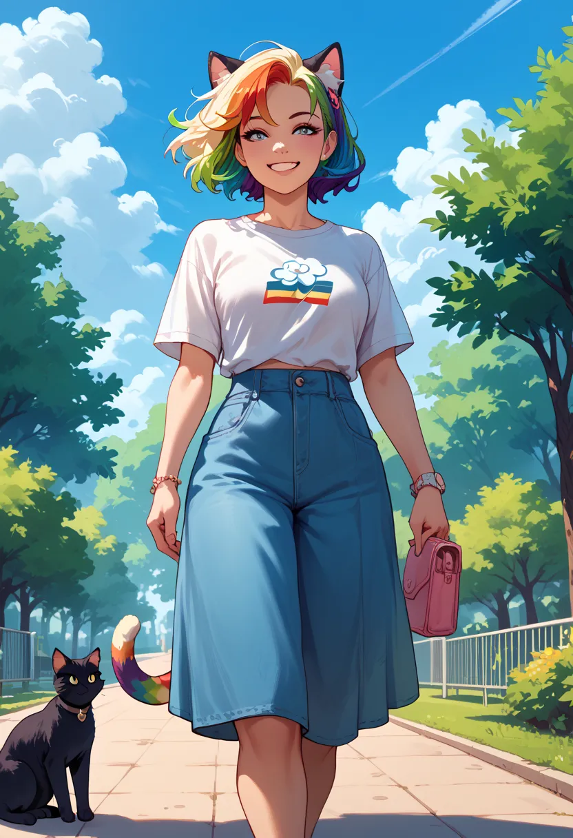 woman, cat, rainbow hair, smiling, blue sky in the background, walking in a park