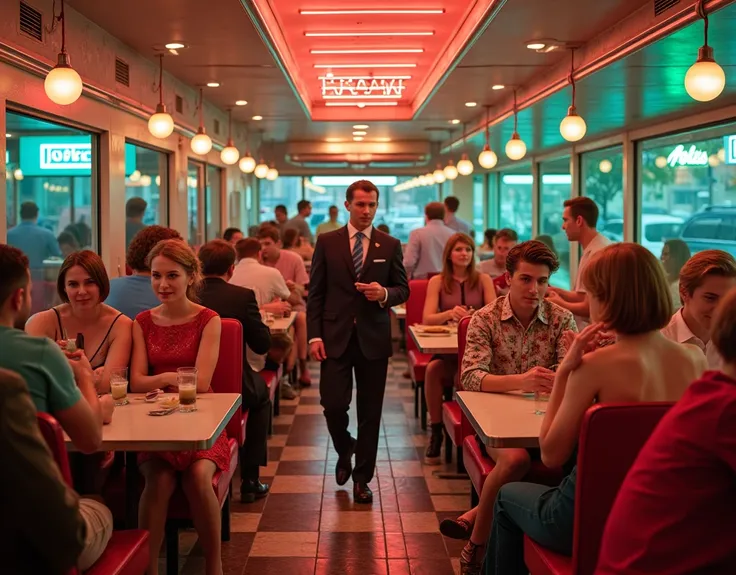 a color photograph of a crowded 1960s diner, period correct clothing and hair styles, intricately detailed, award-winning photograph, joyful, diner food and drinks, photorealistic, ultra-detailed, high resolution, dramatic lighting, warm color tones, vibra...