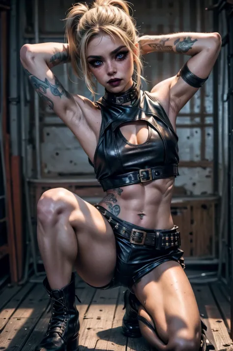 lora_Emma, a skinny blonde girl wearing full black shiny and glossy elegant leather outfit, innocent look, slightly open mouth, ponytail, (both hands behind head), spread legs, oily skin, ripped clothes, multiple studded belts, short shorts, boots, headban...