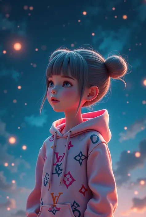 Brand pattern VUITTON hoodie 3D, girl with bun hair, two heads, under a cute starry sky