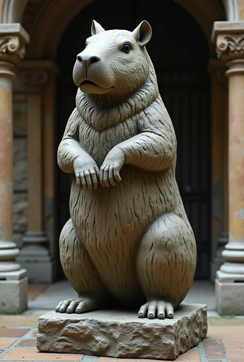 Capybara in a very detailed medieval stone statue with a Peaky Blinders buoy