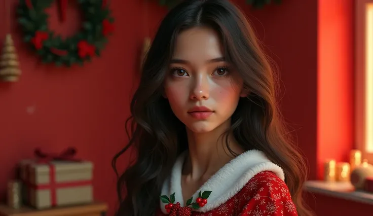 (  photorealism:1.2),   Beauty , Long Hair , I&#39;interior,  soft lighting , A  ,  Details are complicated ,  warm shades, Dark Eyes, 18 years old ，  Christmas costume with only a realistic face、  red christmas background  