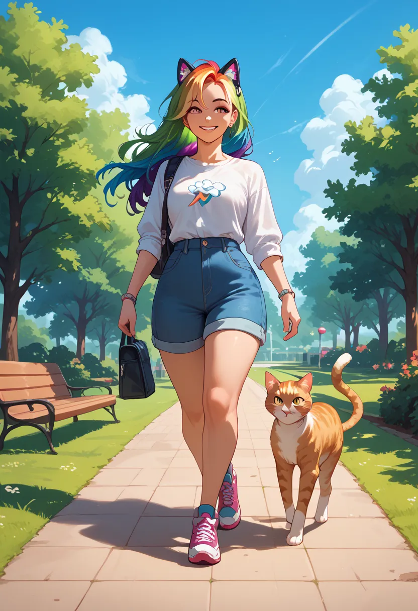 woman, cat, rainbow hair, smiling, blue sky in the background, walking in a park, long hair