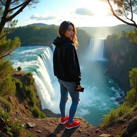 a handsome Indonesian woman, wearing a black hoodie,blue ripped jeans, red sneakers, standing on a rock while looking ahead, holding a cell phone, to the left you can see green trees, to the right are trees, behind you can see a very beautiful blue water w...