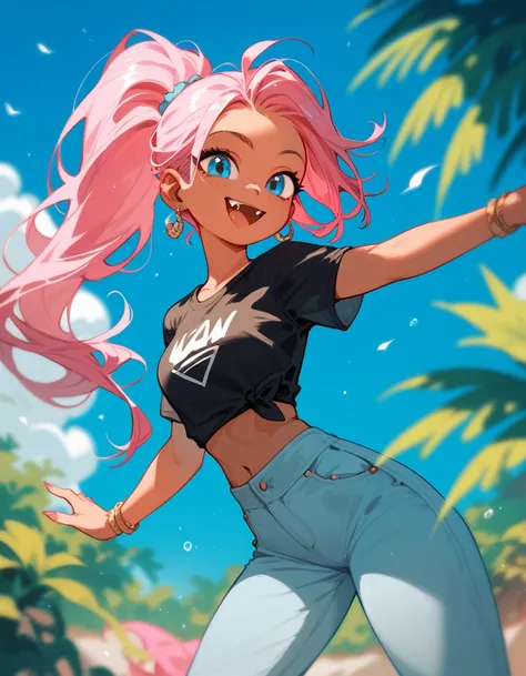 girl,Tanned, small fangs , in blue eyes,Pink hair, Ponytail,BLACK T-SHIRT WITH FLOATING WAIST, Trousers, medium chest,Ear Piercing,cute