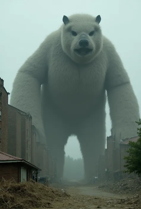 巨体化したチンチラのモンスター、A chinchilla monster that has grown into a giant that eats hay 、 cute、 in the background of an abandoned city  、High quality image quality、８k、 Spooky Worldview 、