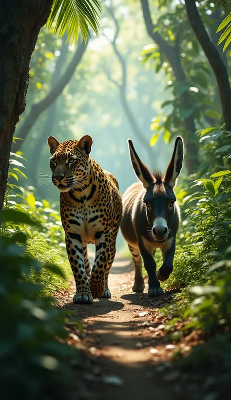 Leopard and donkey walking in Jungle