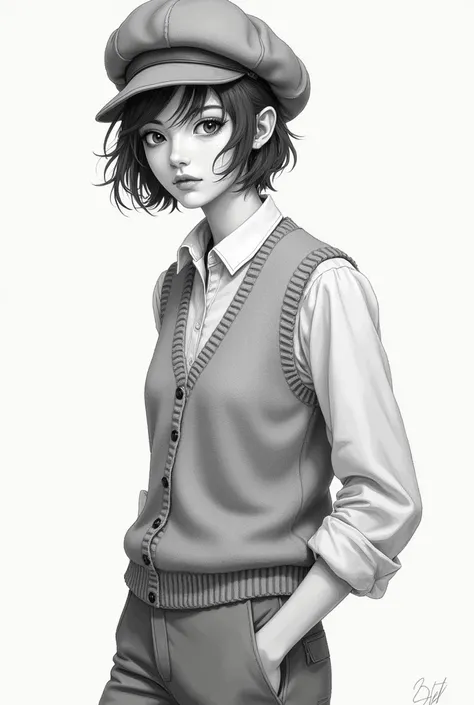  Drawing of a girl in a beret,  short hair ,  shirt , vest and pants  . French girl 