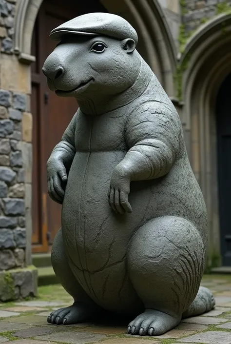 Capybara in a medieval stone statue wearing a Peaky Blinders beret