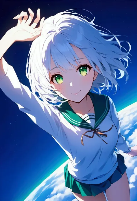 Masterpiece, top quality, highest quality, astral image, high school girl, white hair, short hair, green eyes, lively personality, stretching a hand to the sky, high angle image, sky background 