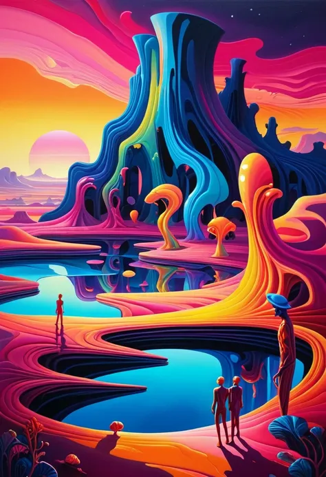 fantastic surreal landscape with bright, saturated colors and shimmering effects key elements: * fluid biomorphic forms * contrasting play of light and shadow * unexpected composition using negative space * fantastic creatures and landscapes exclude: * hum...