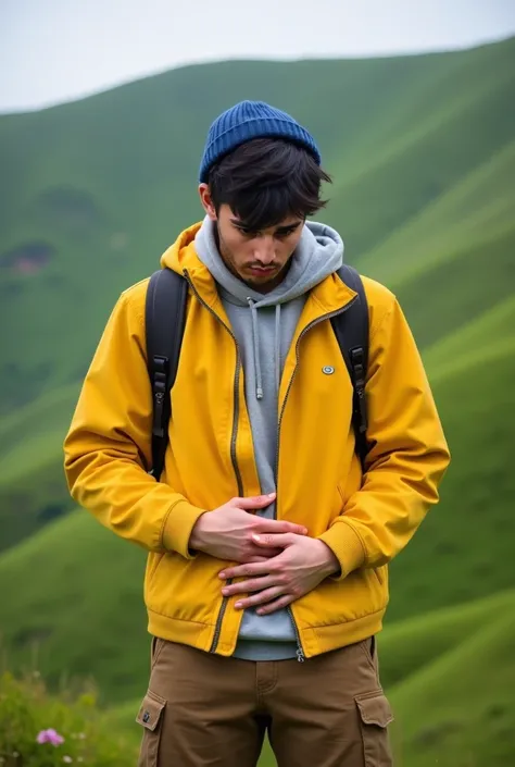 Real human photo A 23 years old man,  short  staruggt  black hair, handsome, white skin, wearing plain yellow zipped up jacket, blue beannie, brown cargo pant, standingg  with Both hands were resting on the stomach, one on top of the other, head bowed in d...