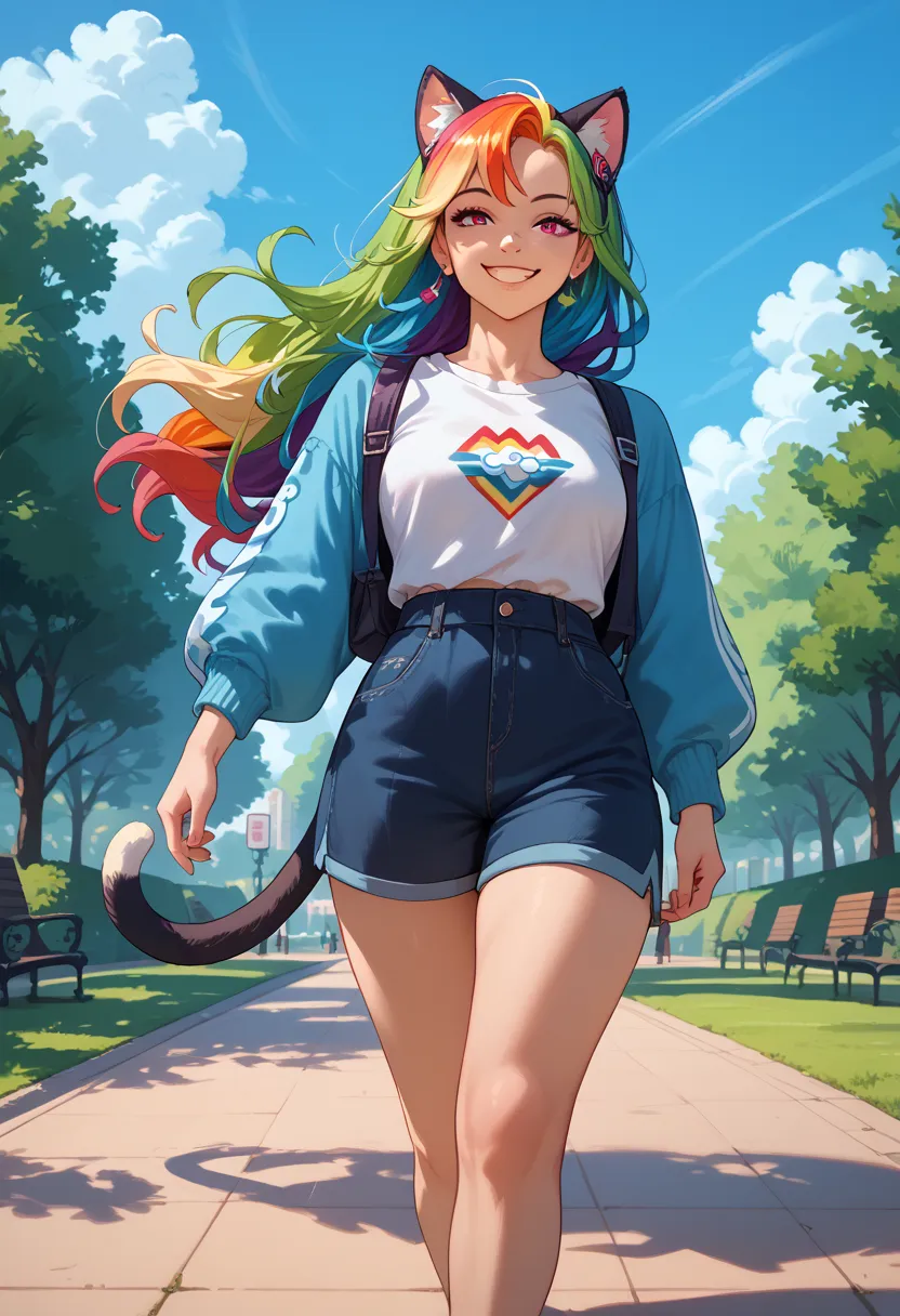 woman, cat ears, rainbow hair, smiling, blue sky background, walking in a park, long hair