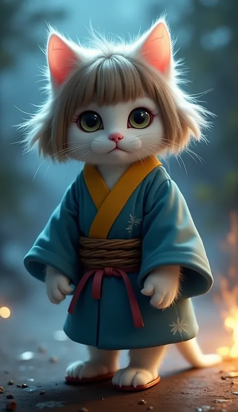 Short Legged White Kitten 。Real Cat。 brown bob hair wig 、 left eye is hidden by a wig 。The kitten is the blue Jinbei、 yellow and black striped vest、Wearing geta。night。Yokai。fireball。Ghost Stories。Realistic