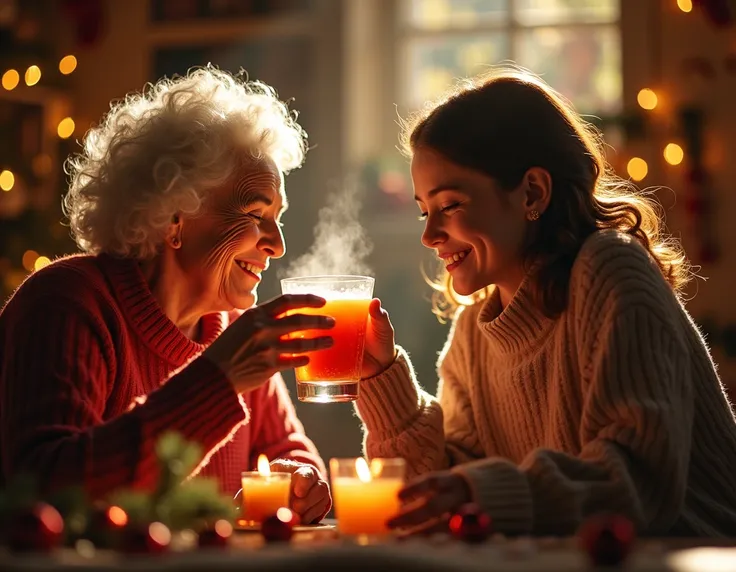  Flashback to a past Christmas where grandmother , younger, Share the punch with his daughter . I return to the present ,  with the whole family reunited enjoying together.






