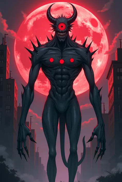 Create an opaque gray anime demon in the style of jujutsu kaisen ,  with a long neck on his head a single realistic large eye in a red spiral , a super big and macabre human smile , strong muscular body with long and strong arms with 3 fingers on each one ...