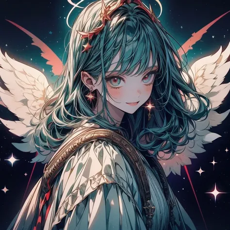 woman,  I have teal hair  , red eyes, smile,  angel wings , Golden halo,  white dress,   standing upright  , In space, Milky Way in the background, Distant Star,  upper body