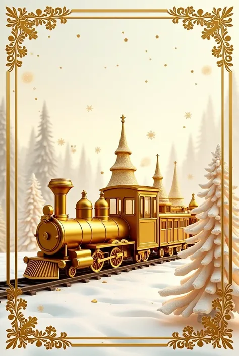 ticket design , to print,  High resolution,  its golden elements and white background, golden polar train ,  golden Christmas trees,  world and kingdom not of golden candies ,  world of golden candies , The entire design is gold ,  gold-colored frame,  rea...